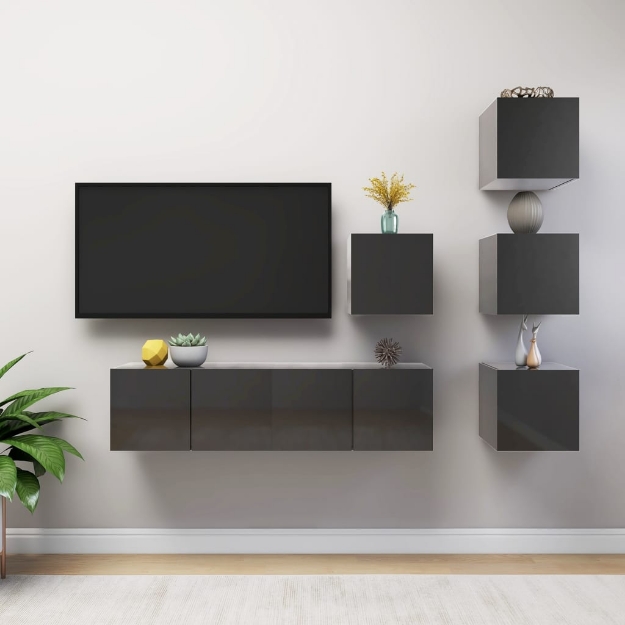 Set Mobili TV 6 pz Grigio Lucido in Legno Multistrato