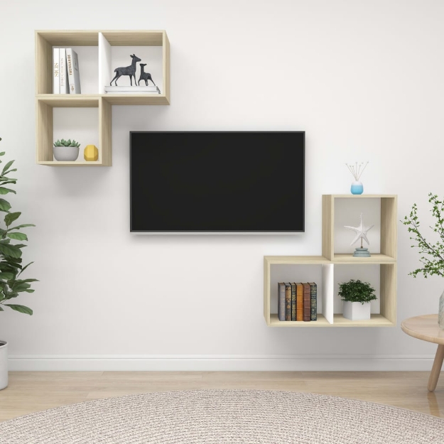 Set Porta TV 4 pz Bianco e Rovere Sonoma in Truciolato