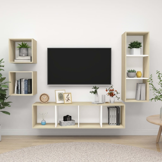 Set Porta TV 4 pz Bianco e Rovere Sonoma in Truciolato