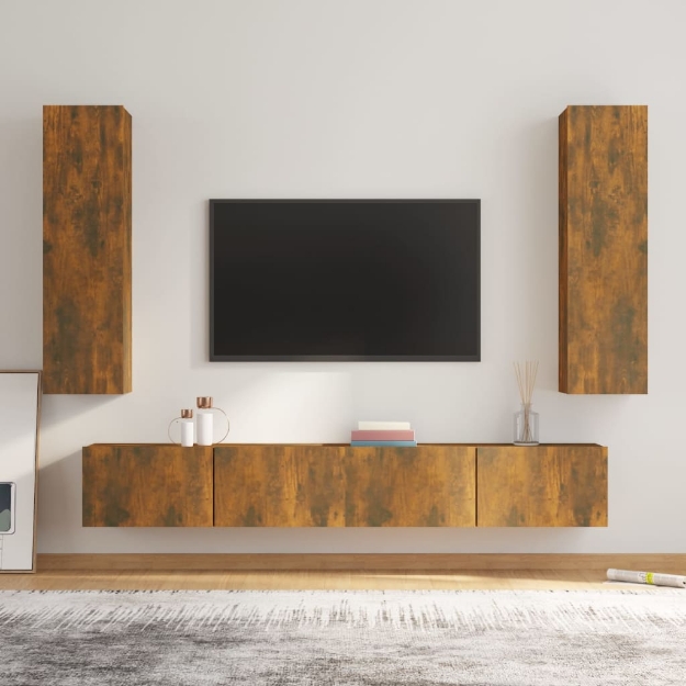 Set di Mobili Porta TV 4 pz Rovere Fumo in Legno Multistrato