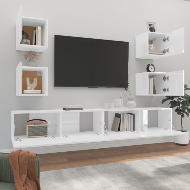 Set di Mobili Porta TV 6 pz Bianco Lucido in Legno Multistrato