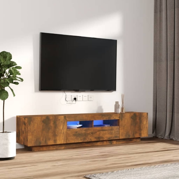 Set Mobili TV 2pz con Luci LED Rovere Fumo in Legno Multistrato