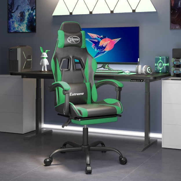 Sedia da Gaming Girevole con Poggiapiedi Nero Verde Similpelle