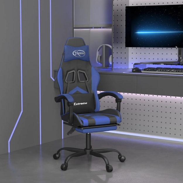 Sedia da Gaming Girevole con Poggiapiedi Nero e Blu Similpelle