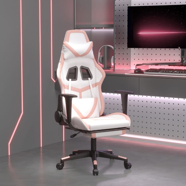 Sedia da Gaming Massaggio Poggiapiedi Bianco e Rosa Similpelle