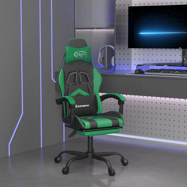 Sedia da Gaming con Poggiapiedi Nero e Verde in Similpelle