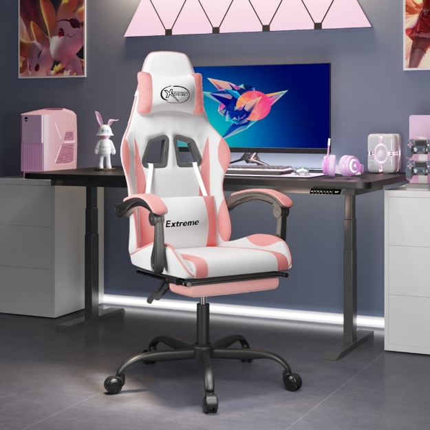 Sedia da Gaming Girevole Poggiapiedi Bianca e Rosa Similpelle