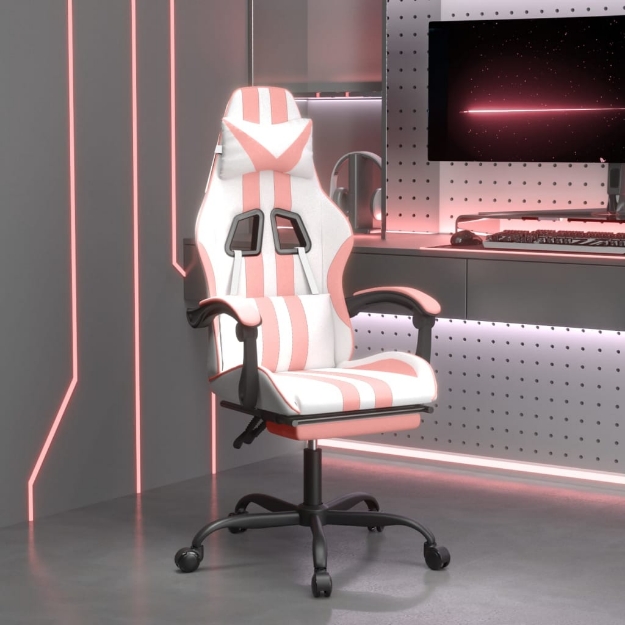 Sedia da Gaming con Poggiapiedi Bianco e Rosa in Similpelle