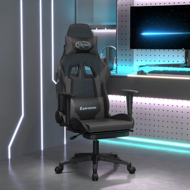 Sedia da Gaming con Poggiapiedi Nero e Grigio in Similpelle