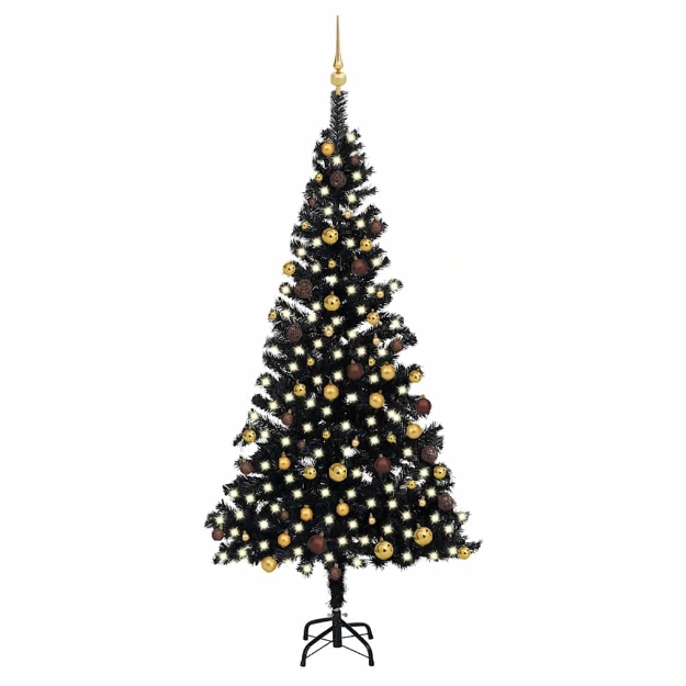 Albero di Natale Preilluminato con Palline Nero 210 cm PVC