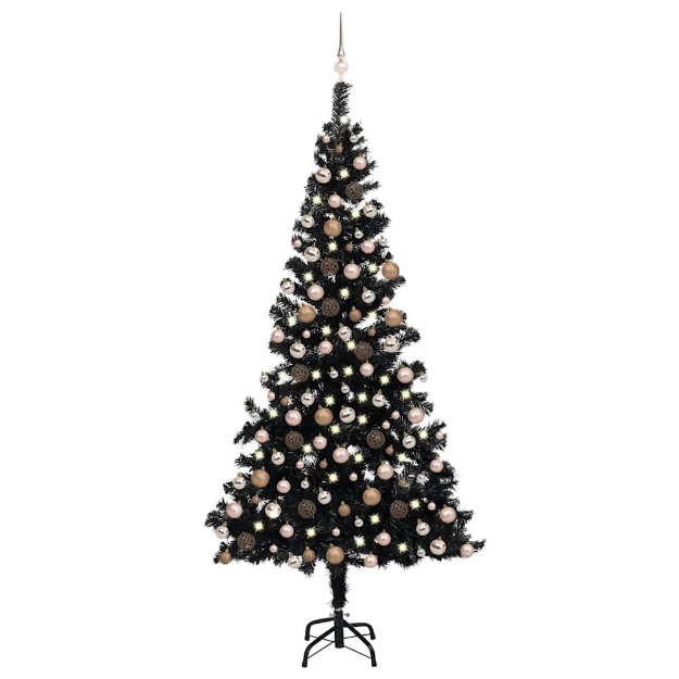 Albero di Natale Preilluminato con Palline Nero 210 cm PVC