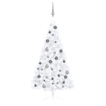 Albero di Natale a Metà Preilluminato con Palline Bianco 150 cm