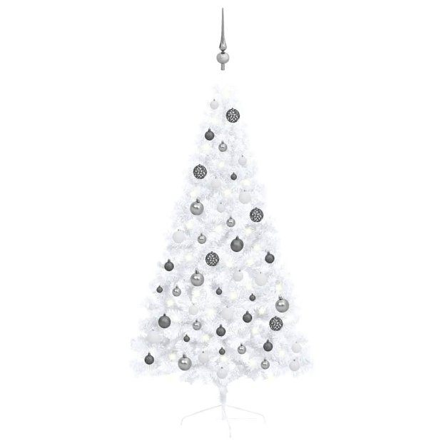 Albero di Natale a Metà Preilluminato con Palline Bianco 150 cm