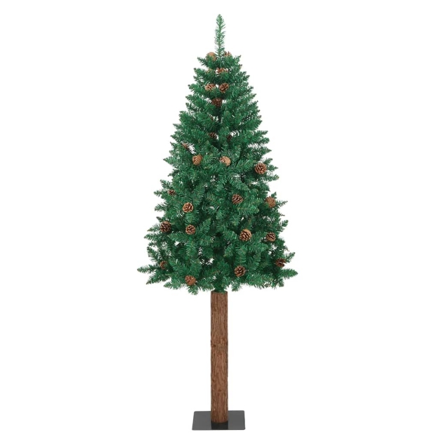 Albero di Natale Sottile con Legno Vero e Pigne Verde 150cm PVC