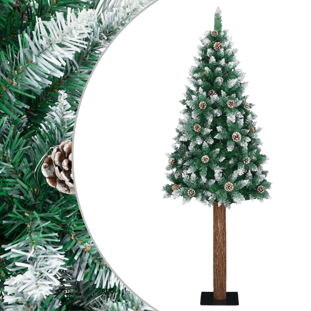 Albero di Natale Sottile con Legno Vero e Neve Verde 210 cm