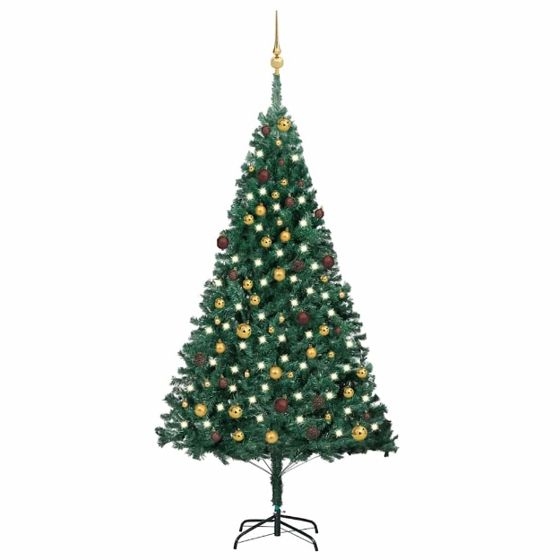 Albero di Natale Preilluminato con Palline Verde 210 cm PVC