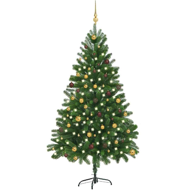 Albero di Natale Preilluminato con Palline Verde 210 cm