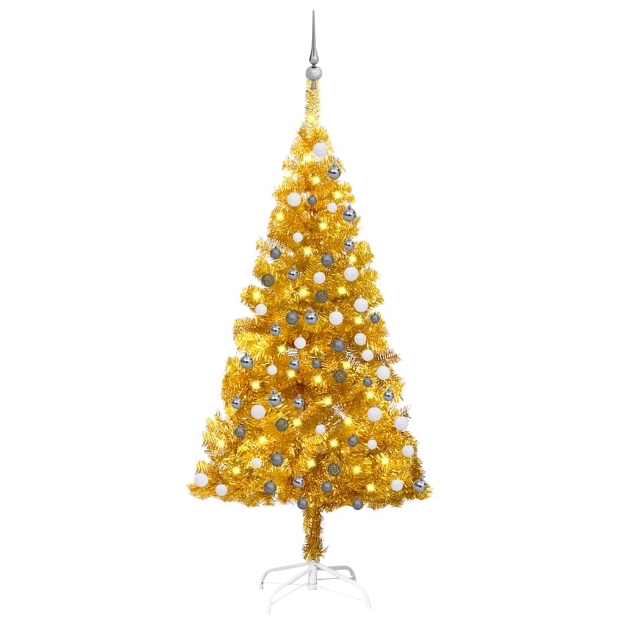 Albero di Natale Preilluminato con Palline Oro 150 cm PET