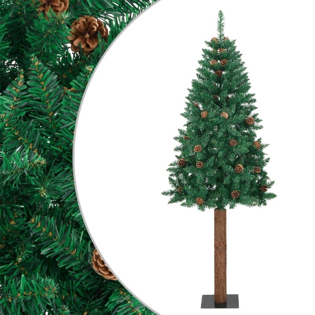 Albero di Natale Sottile con Legno Vero e Pigne Verde 210cm PVC