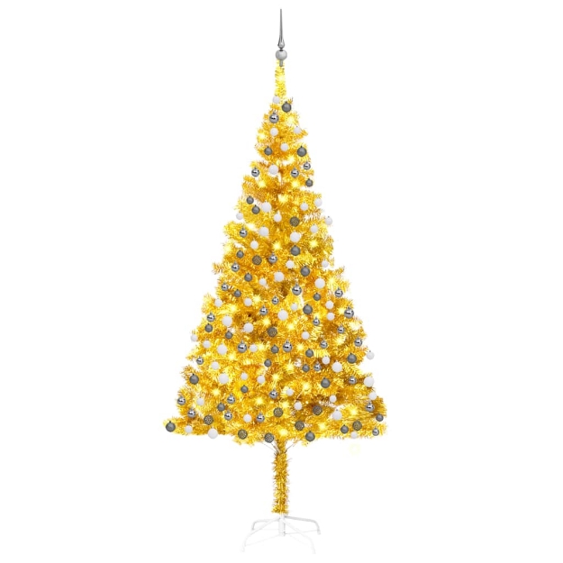 Albero di Natale Preilluminato con Palline Oro 210 cm PET