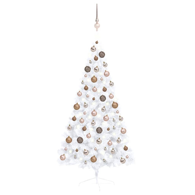 Albero di Natale a Metà Preilluminato con Palline Bianco 150 cm