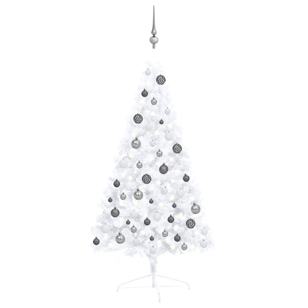 Albero di Natale a Metà Preilluminato con Palline Bianco 120 cm