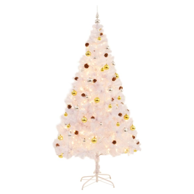 Albero di Natale Preilluminato con Palline Bianco 210 cm