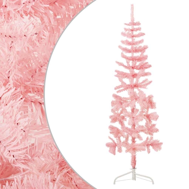 Albero Natale Artificiale Sottile a Metà e Supporto Rosa 150 cm