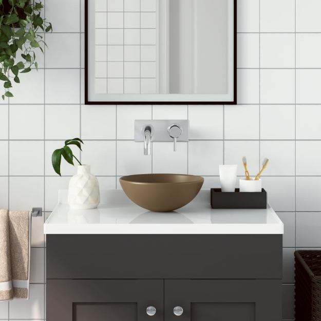 Lavandino da Bagno in Ceramica Crema Opaco Rotondo