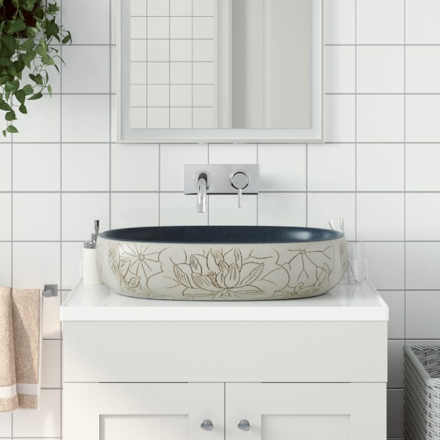 Lavabo da Appoggio Sabbia e Blu Ovale 59x40x14 cm Ceramica