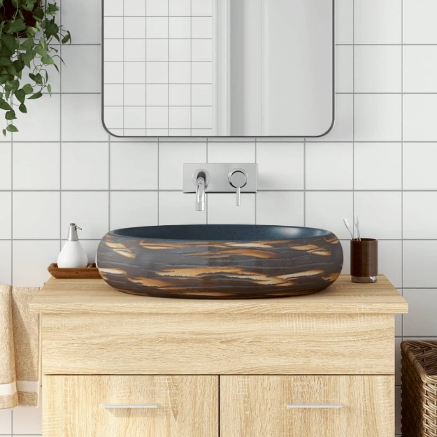 Lavabo da Appoggio Marrone e Blu Ovale 59x40x15 cm Ceramica