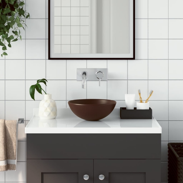 Lavandino da Bagno in Ceramica Marrone Scuro Rotondo