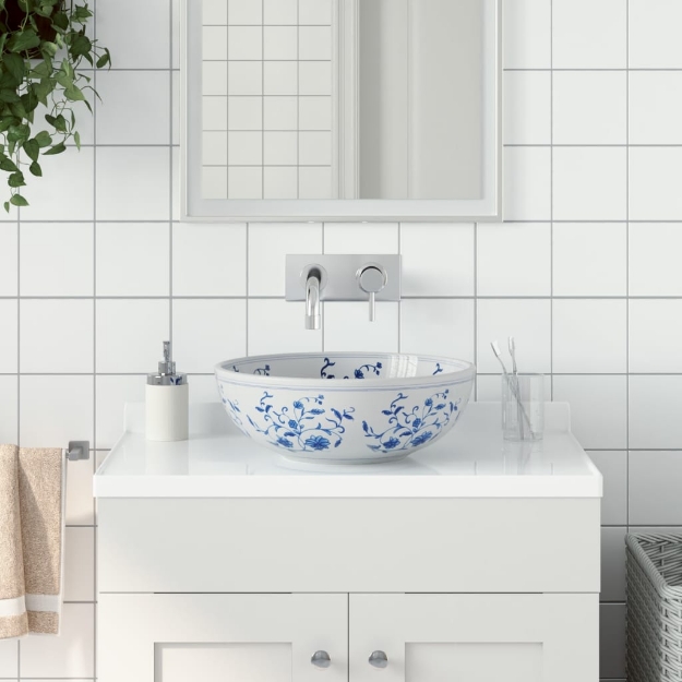 Lavabo da Appoggio Bianco e Blu Rotondo Φ41x14 cm Ceramica