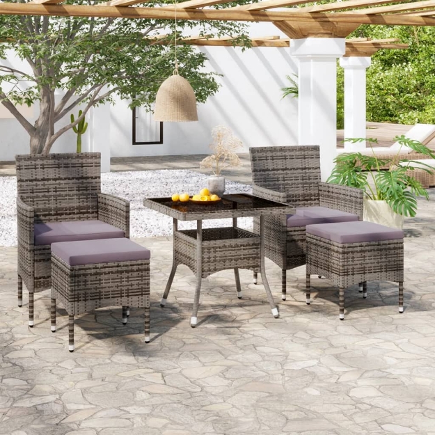 Set Pranzo da Giardino 5 pz Polyrattan e Vetro Temperato Grigio