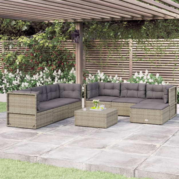 Set Divani da Giardino 7 pz con Cuscini in Polyrattan Grigio