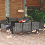 Set Pranzo da Giardino 9 pz con Cuscini in Polyrattan Grigio