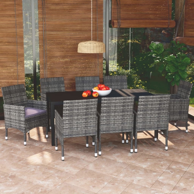 Set Pranzo da Giardino 9 pz con Cuscini in Polyrattan Grigio