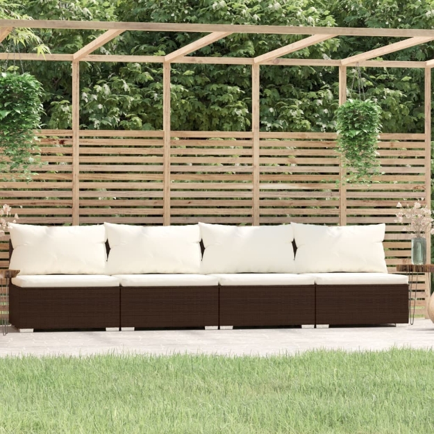 Divano a 4 Posti con Cuscini in Polyrattan Marrone