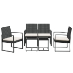 Set da Pranzo da Giardino 5 pz Nero con Cuscini in Rattan PP