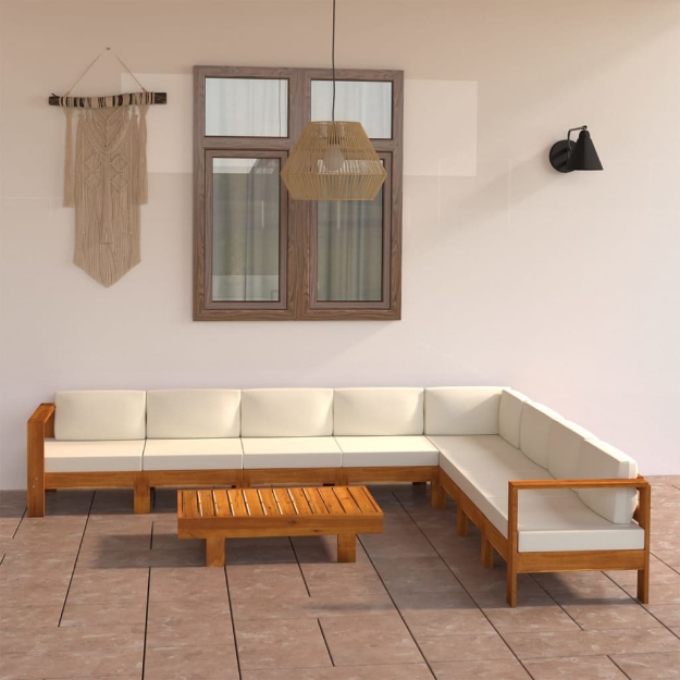 Set Divani Giardino 9 pz Cuscini Bianco Crema in Legno d'Acacia