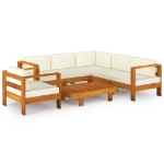 Set Divani Giardino 7 pz Cuscini Bianco Crema in Legno d'Acacia