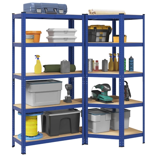 Set di Scaffali 2pz a 5 Ripiani Blu Acciaio e Legno Multistrato