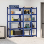 Set di Scaffali 2pz a 5 Ripiani Blu Acciaio e Legno Multistrato