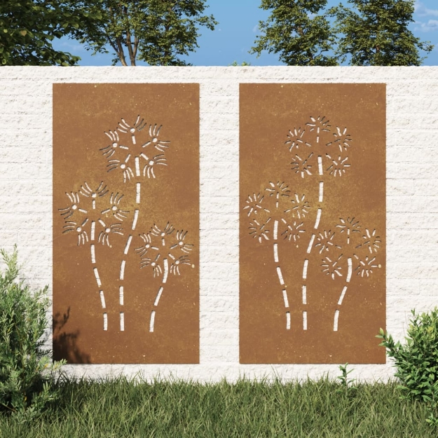 Decorazioni Muro da Giardino 2pz 105x55 cm Fiore Acciaio Corten